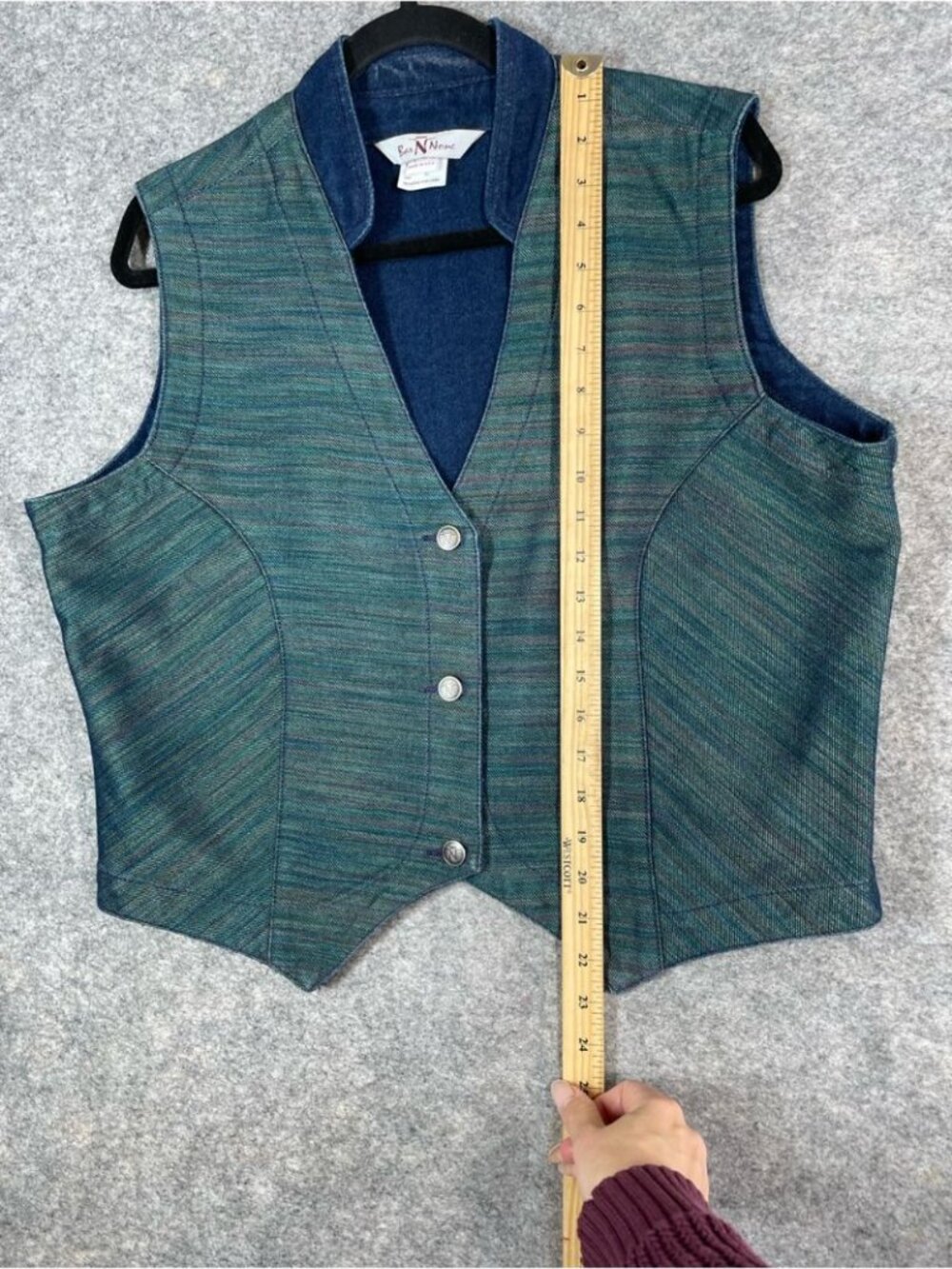 Vintage Bar None Denim Vest Blue Green XL Western Festival Rodeo Boho Chic USA - Picture 7 of 12